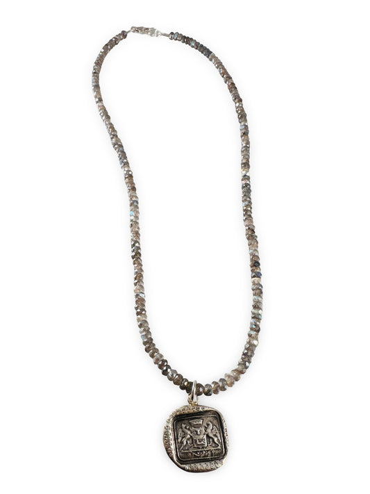 18" Faceted Labradorite Double Gryphon Diamond Necklace