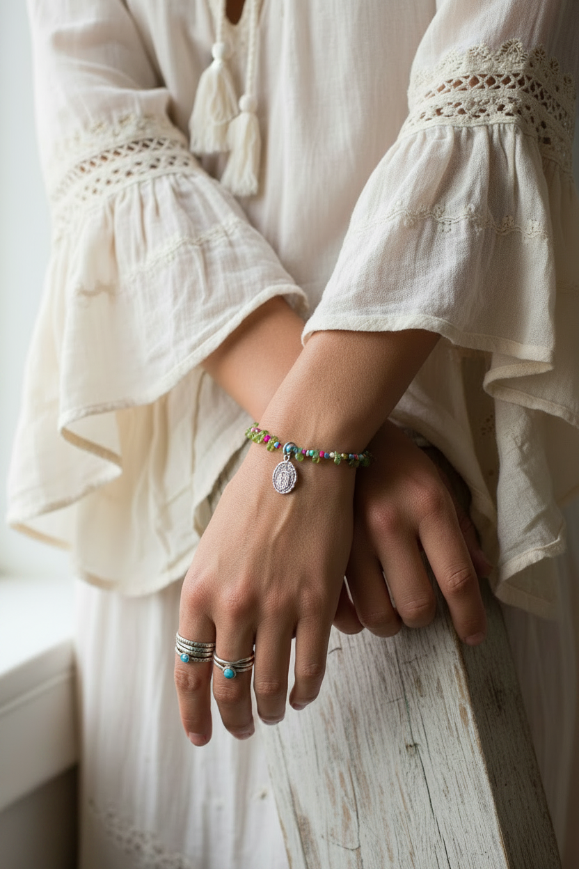 Checkered Crown Bead Bracelet with Peridot