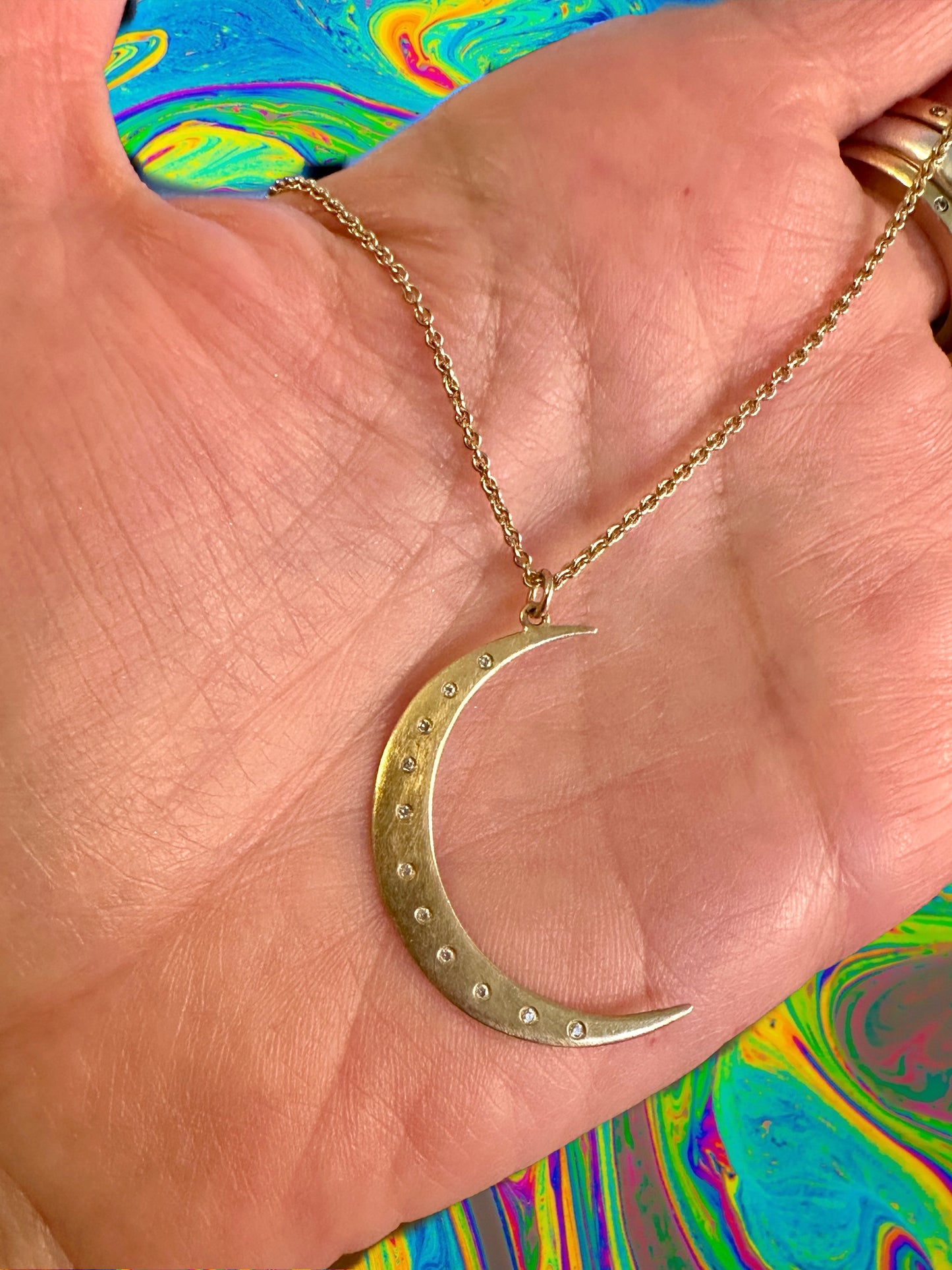 14k Gold Crescent Moon and Diamond Necklace