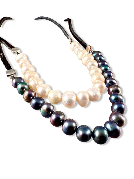 Pearl and Black Suede Necklace