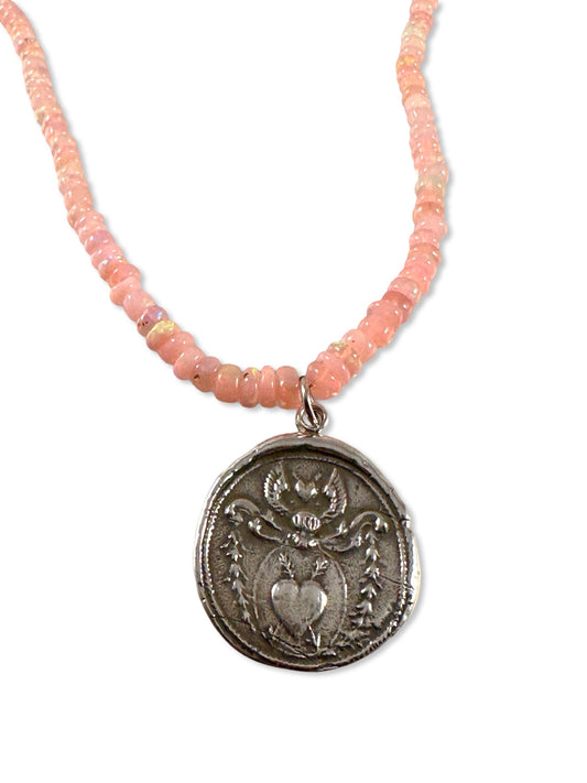 16"-18” Pink Opal Sterling Angel Heart Crest Necklace