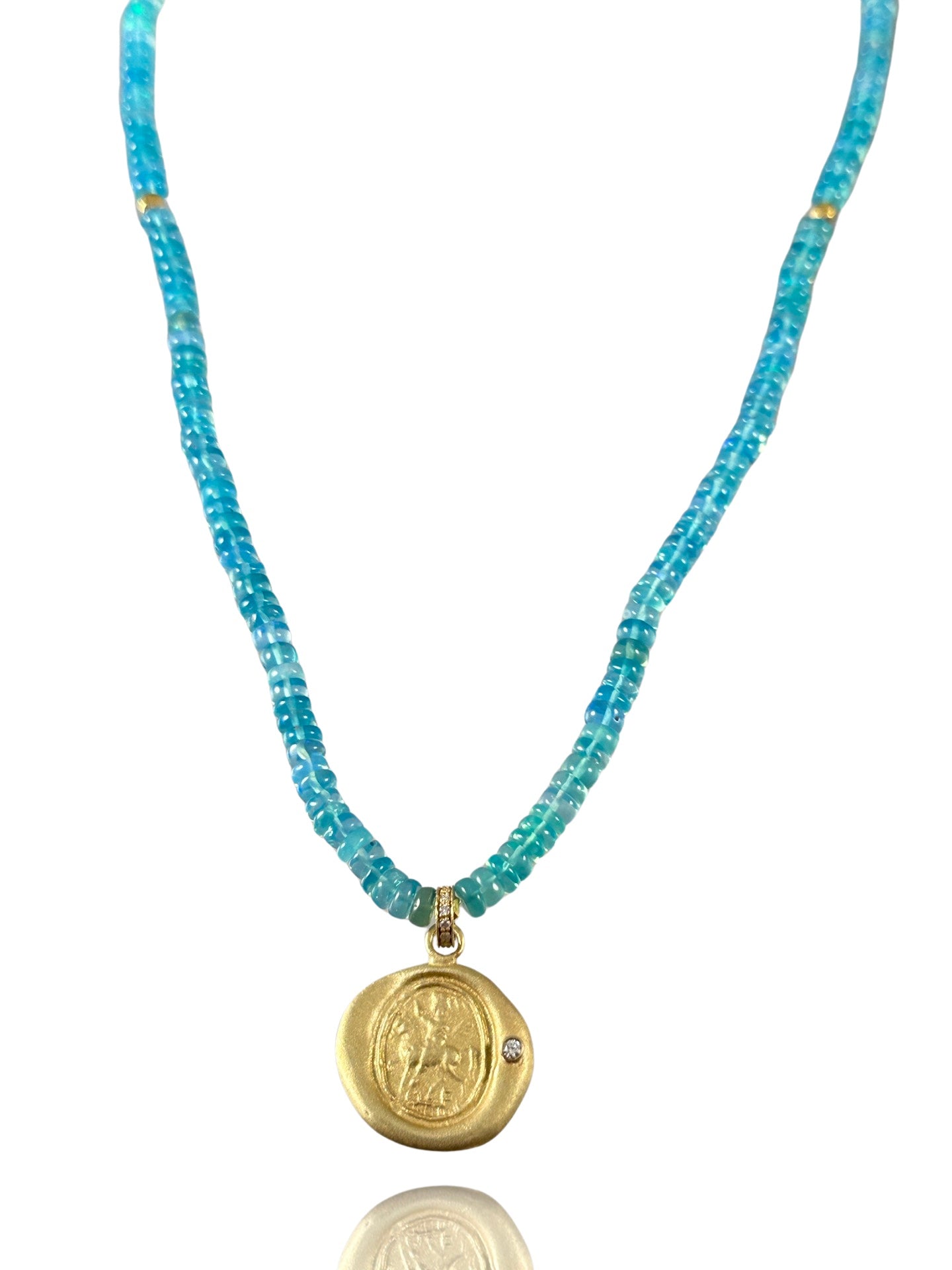 16” Blue Opal Saint George Diamond 18k Gold Necklace
