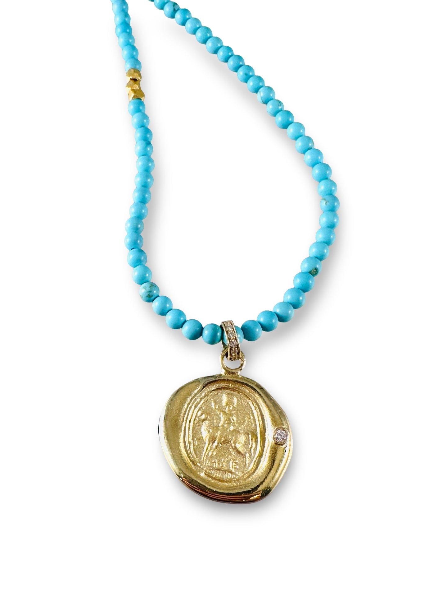 16” Saint George Turquoise & Diamond 18k Gold Necklace