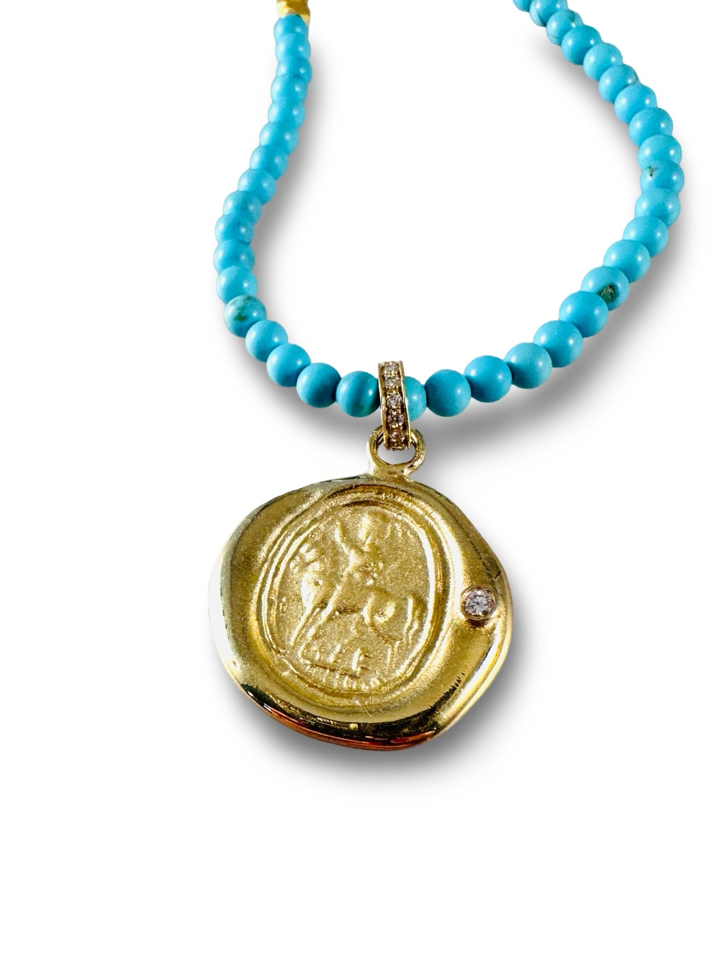 16” Saint George Turquoise & Diamond 18k Gold Necklace