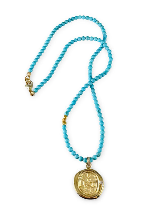 16” Saint George Turquoise & Diamond 18k Gold Necklace