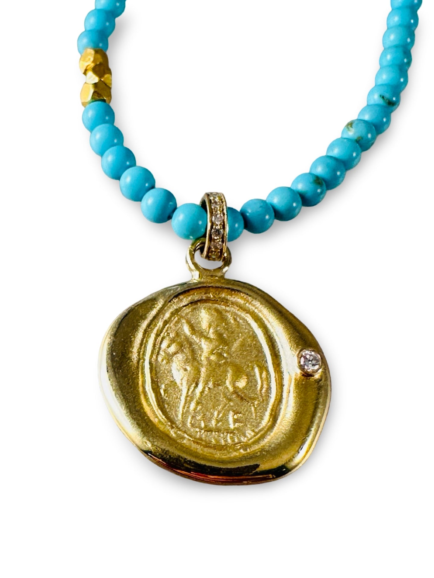16” Saint George Turquoise & Diamond 18k Gold Necklace