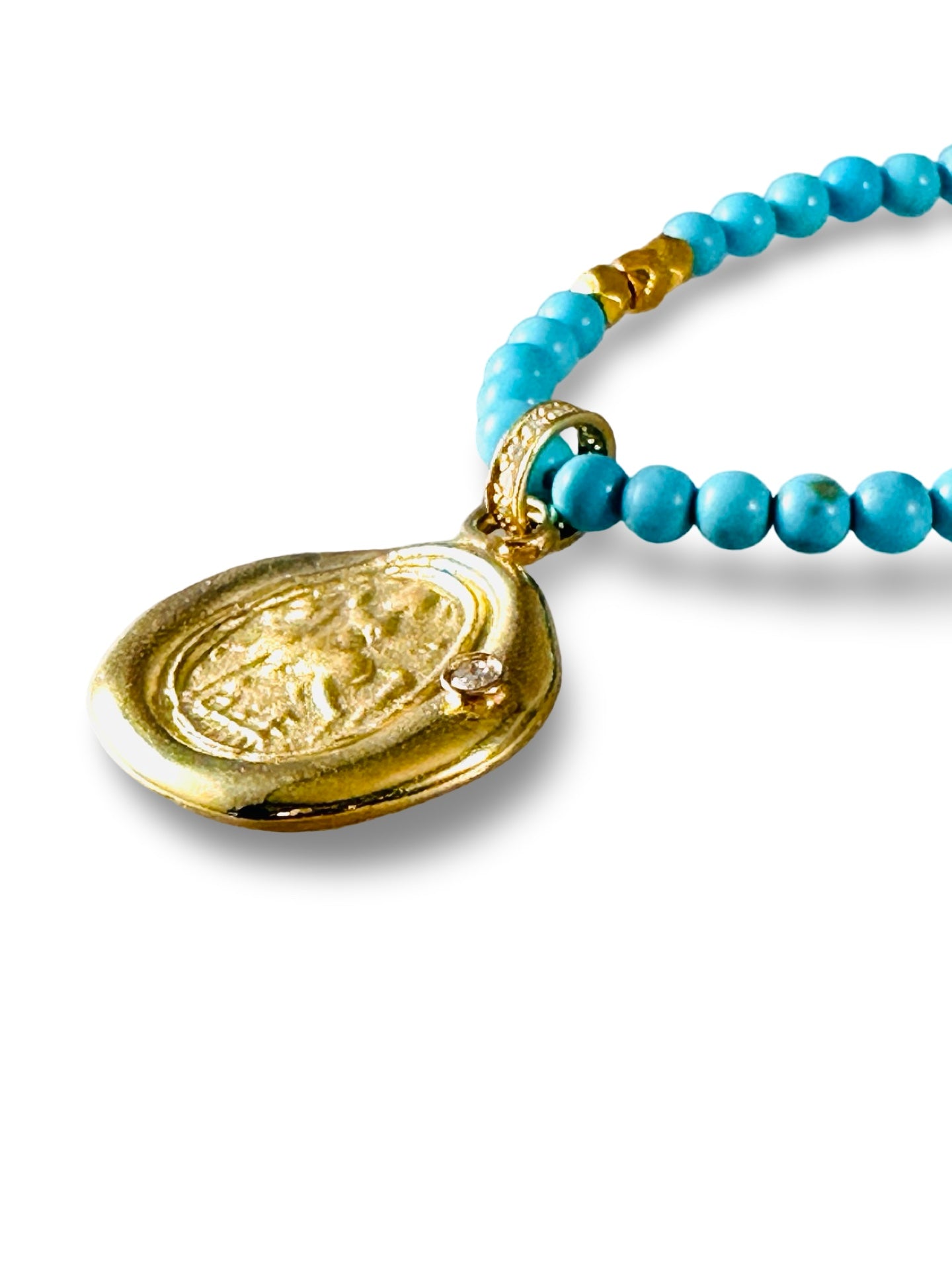 16” Saint George Turquoise & Diamond 18k Gold Necklace