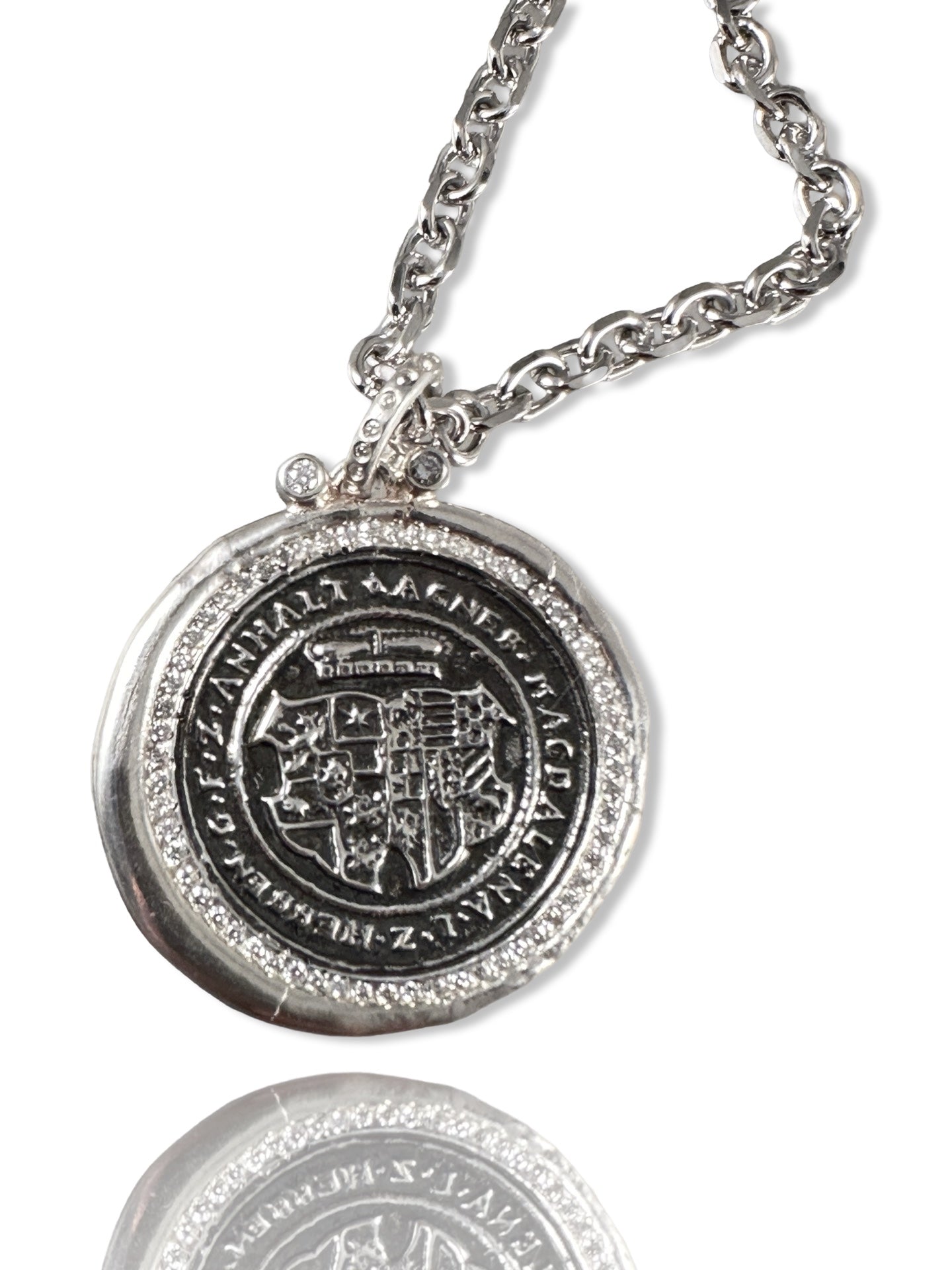 Large Inscribed Medallion Diamond Necklace