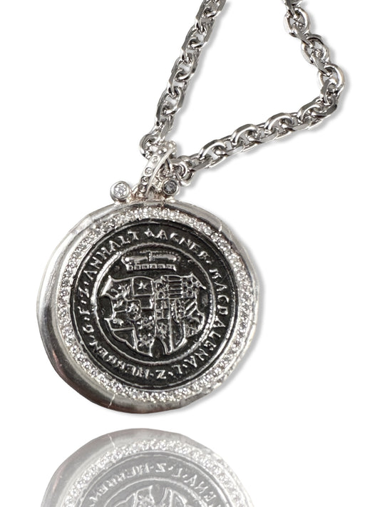 Large Inscribed Medallion Diamond Necklace