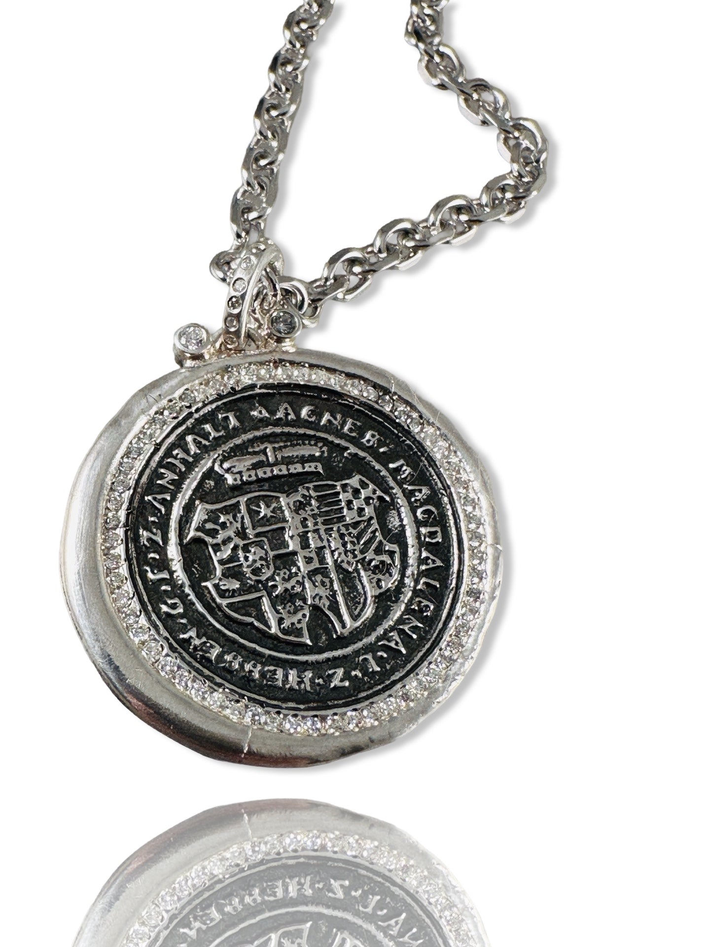 Large Inscribed Medallion Diamond Necklace