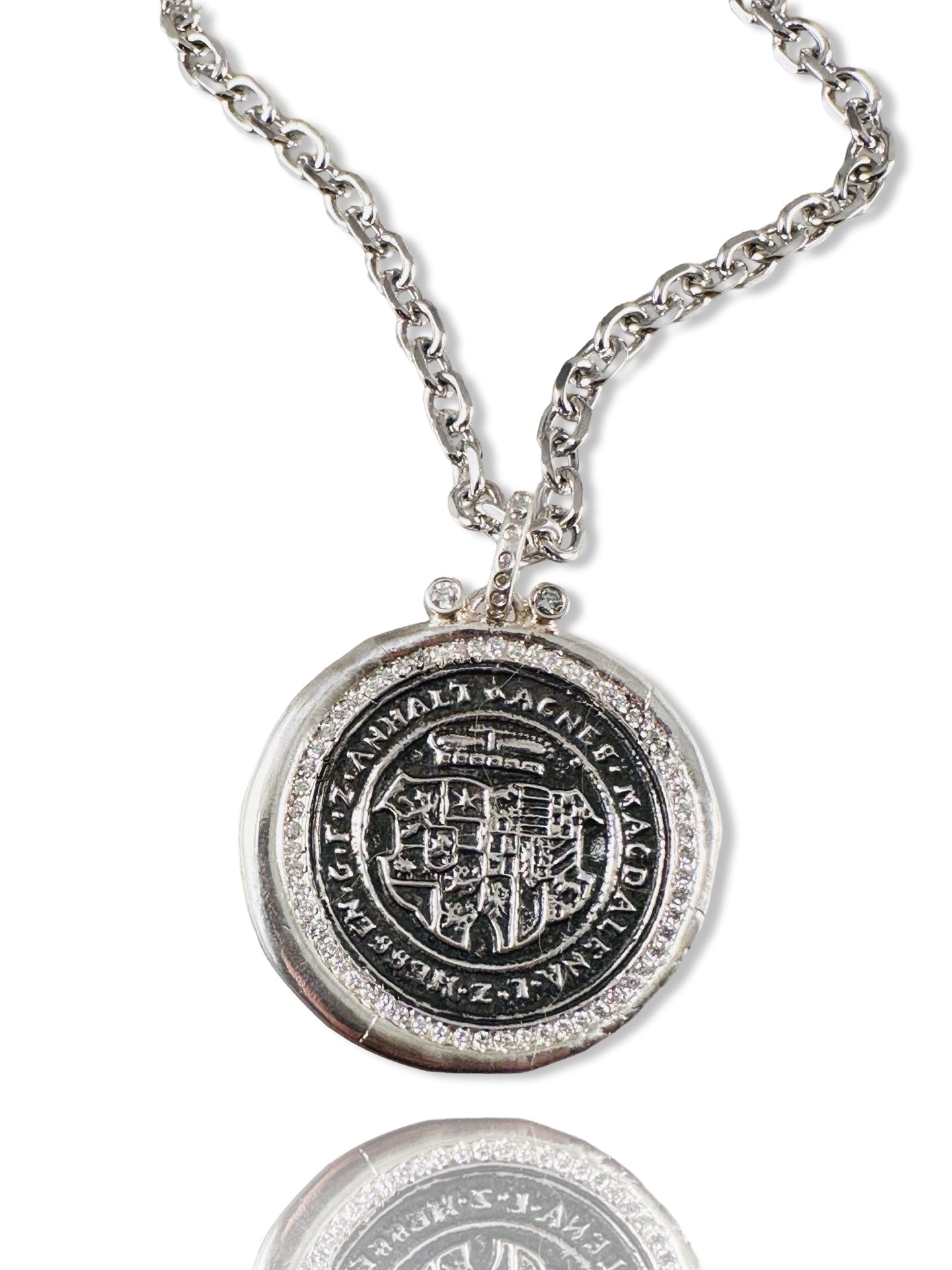 Large Inscribed Medallion Diamond Necklace