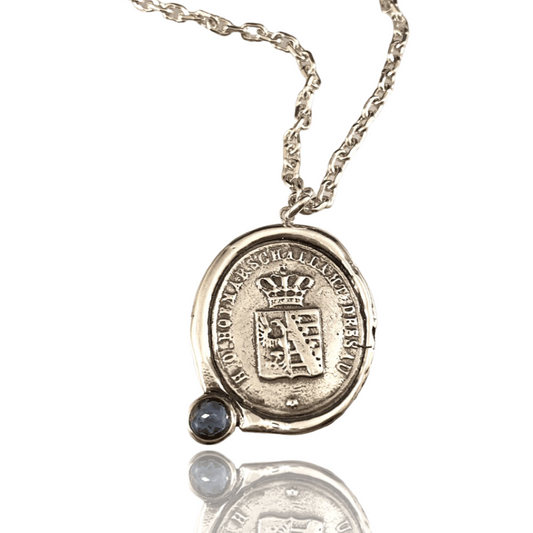 Large Crown Shield & Sapphire Sterling Necklace