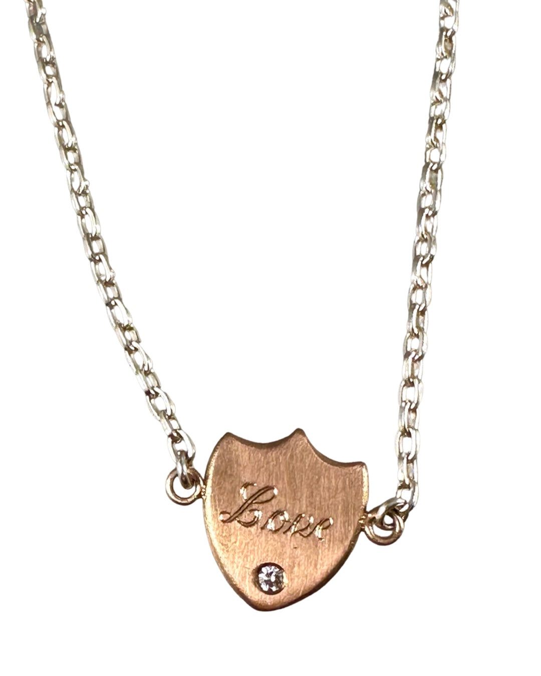 18k Rose Gold ‘Love’ Shield & Diamond Necklace