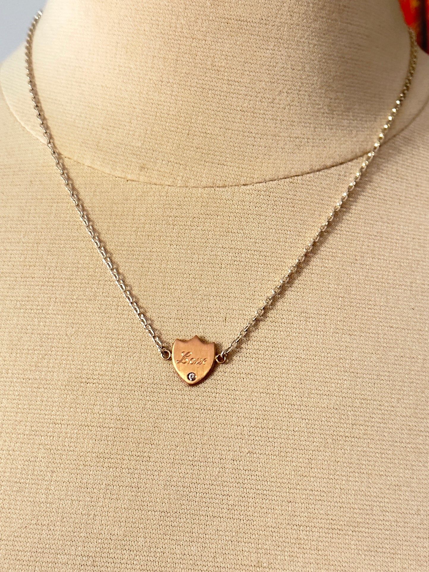 18k Rose Gold ‘Love’ Shield & Diamond Necklace